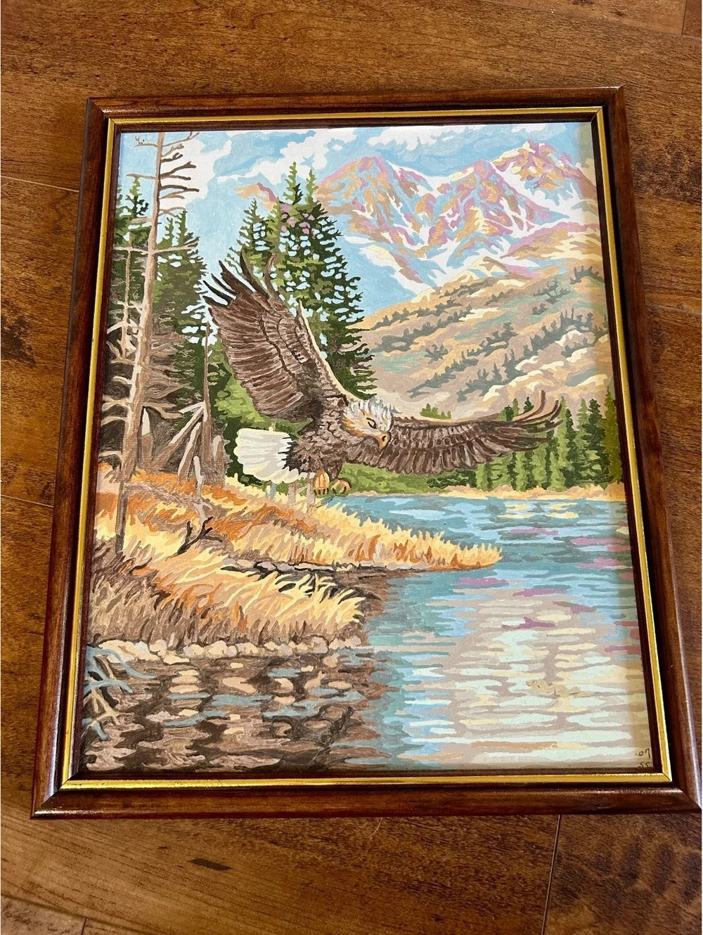 Framed Needlepoint Artwork of Eagle Over River Landscape